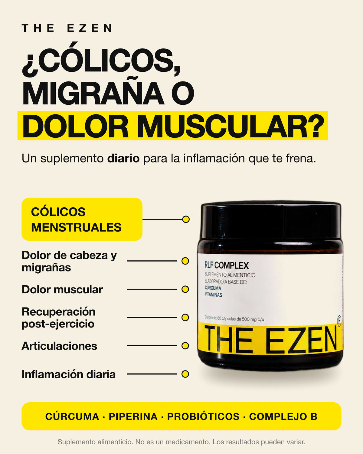Frasco de RLF Complex de The Ezen, suplemento de cúrcuma y piperina para cólicos, migraña, dolor muscular y articulaciones