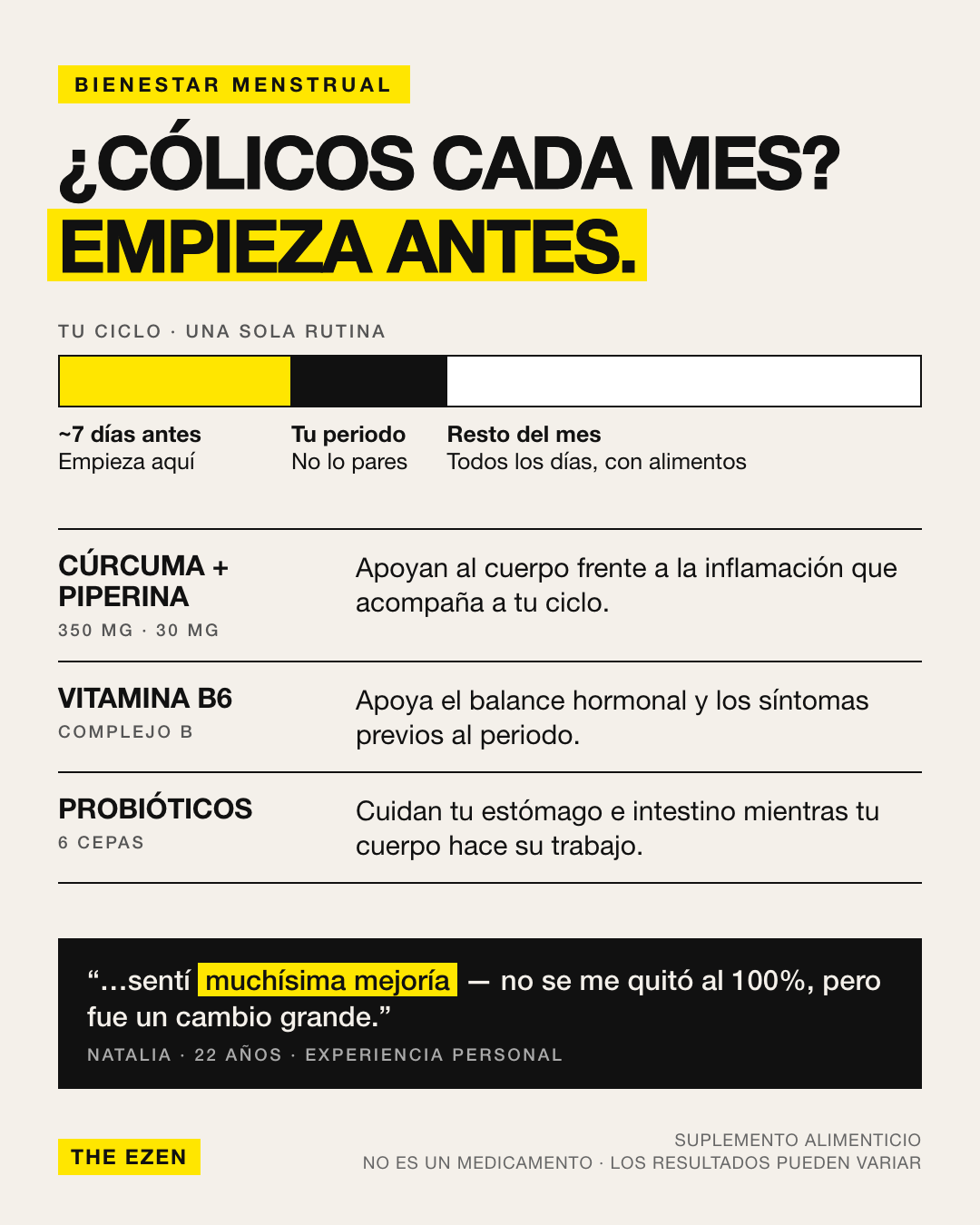 RLF Complex para cólicos menstruales: empieza 7 días antes de tu periodo con cúrcuma, piperina, vitamina B6 y probióticos