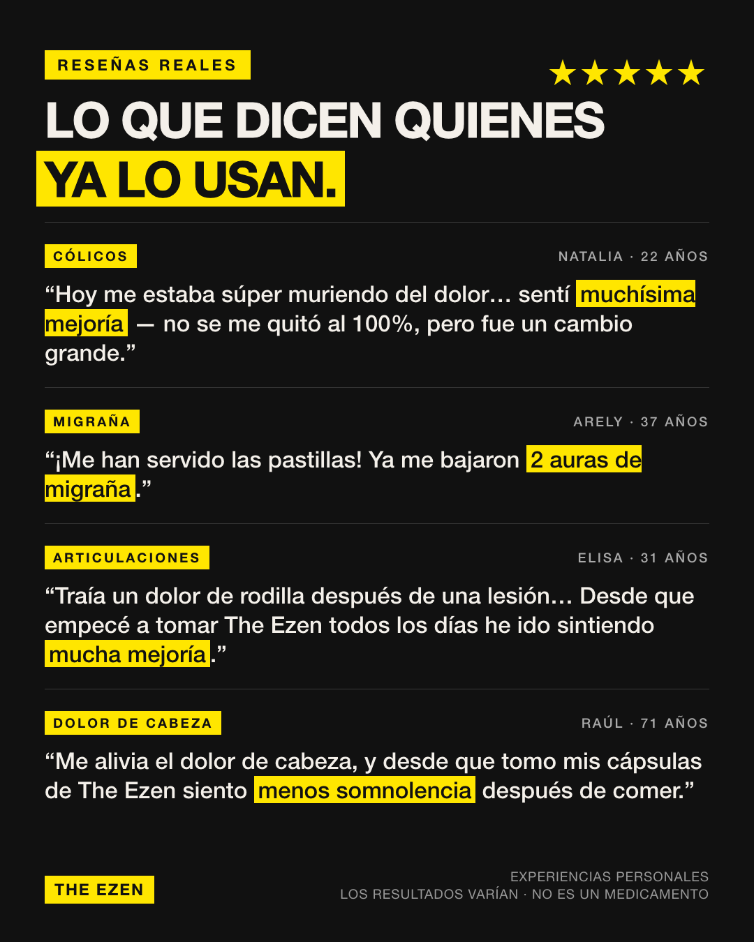 Reseñas reales de clientes de RLF Complex sobre cólicos, migraña, dolor de rodilla y dolor de cabeza